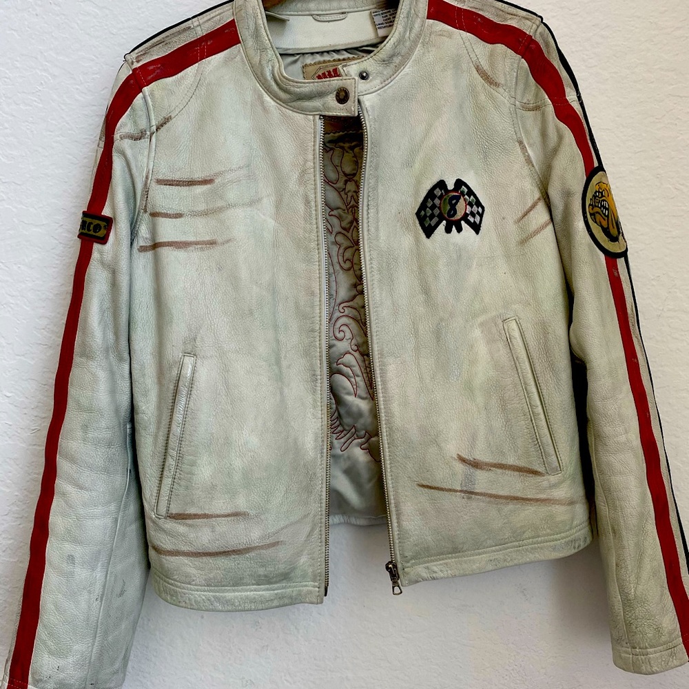 GENUINE Parasuco Leather Distressed Biker Jacket, Large, White